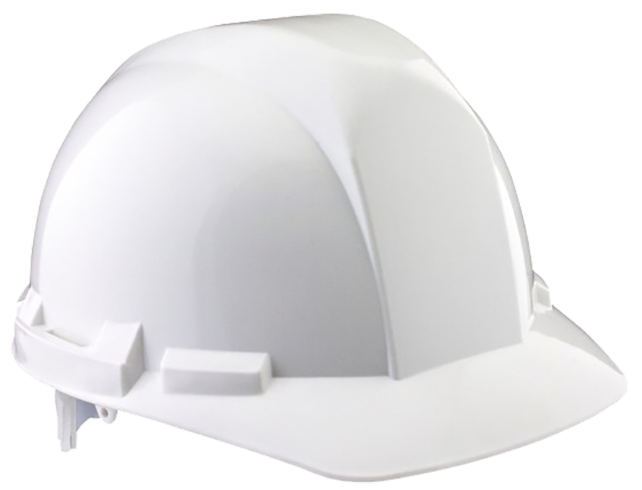 Hard hat, white, ratchet style, flat front