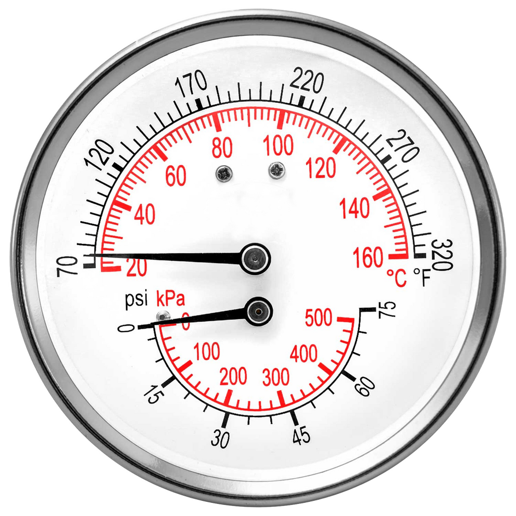 Pressure/tempurature boiler gauge, 2 3/4 diameter, 0-75 psi, 60-320 degrees F, 1/4mip, 3 1/2 back mount