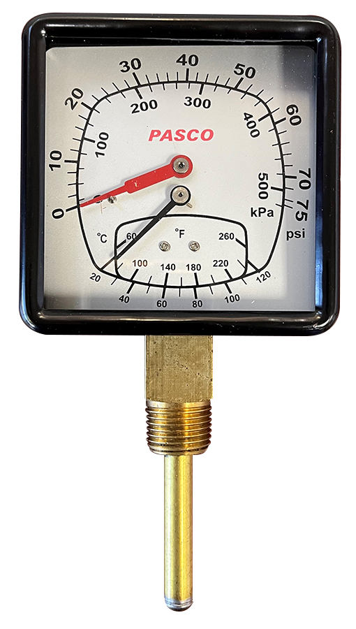 Pressure/tempurature boiler gauge, 3 1/2 diameter, 0-75 psi, 60-260 degrees F, 1/2mip, 2 3/4 bottom mount