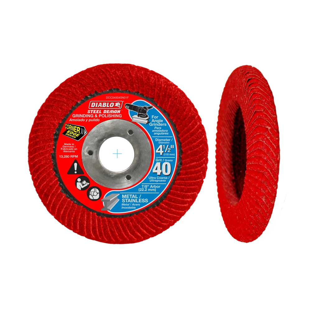 Diablo steel demon grinding and polishing disc for metal, rounded for corners, 40 grit no hub, 4 1/2
