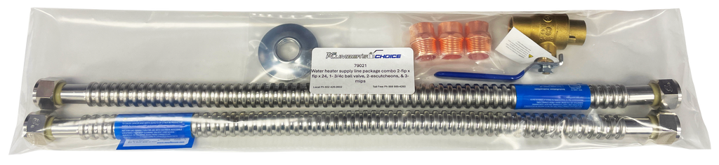 Water heater supply line package combo
2-fip x fip x 24, 1-3/4ip ball valve, 2-escutcheons, & 3-mips