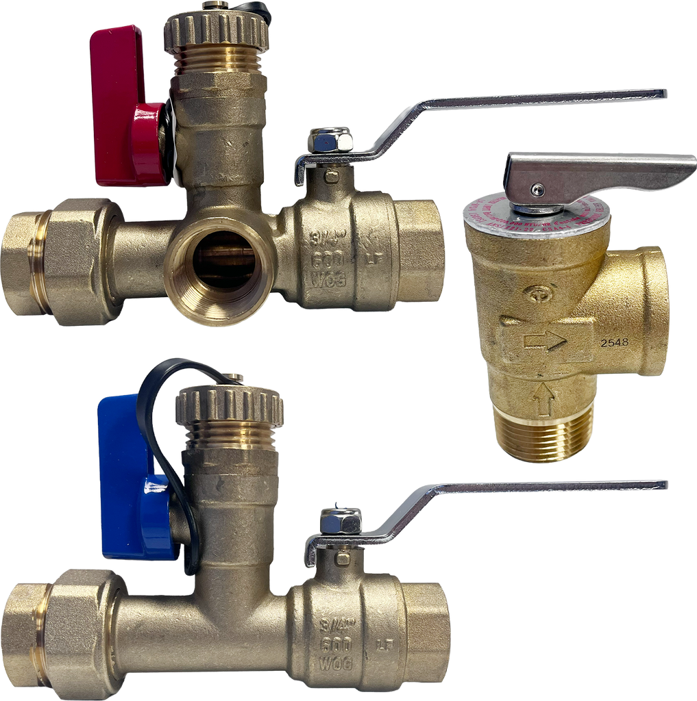Tankless water heater valve install kit, 3/4ip, lever handles