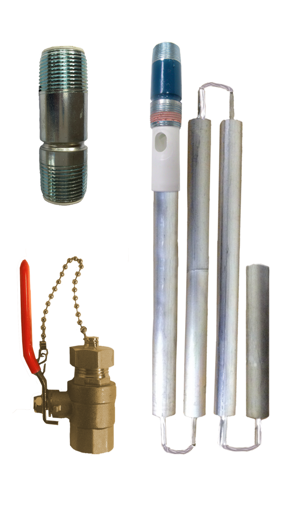 Water heater life extender kit, includes nipple anode rod (aluminum/zinc), full port drain valve and dieletric nipple