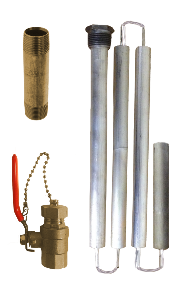 Water heater life extender kit, includes hex nut anode rod (aluminum/zinc), full port drain valve and brass nipple