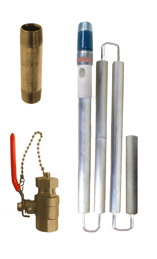 Water heater life extender kit, includes nipple anode rod (aluminum/zinc), full port drain valve and brass nipple