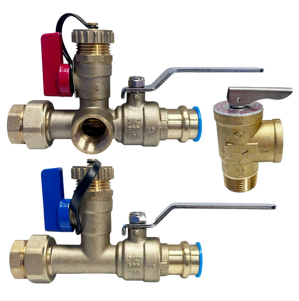 Tankless water heater valve install kit, 3/4press, lever handles