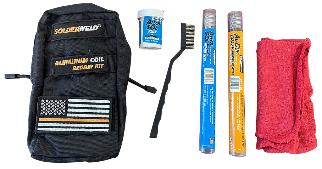 Aluminum coil repair tech kit, lightweight, strap can attach to belt or bag, black bag. Includes: rag, alloy sol, flux, braze and wire brush