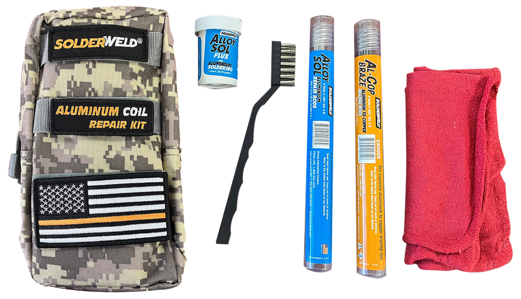 Aluminum coil repair tech kit, lightweight, strap can attach to belt or bag, camco bag. Includes: rag, alloy sol, flux, braze and wire brush