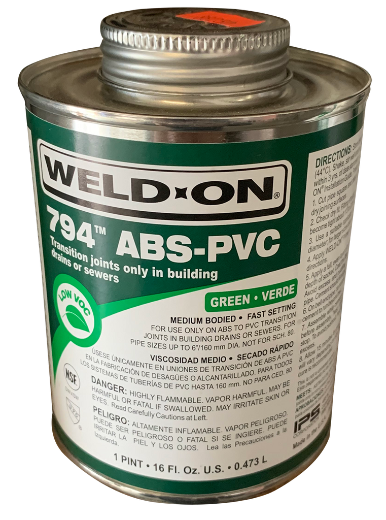 Cement medium bodied, green, transition ABS to PVC (non-pressure only) 16oz (1pint), fast setting, dauber included