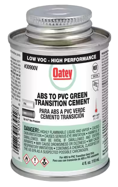 Cement medium bodied, green, transition ABS to PVC (non-pressure only) 4oz (1/4pint), fast setting, dauber included