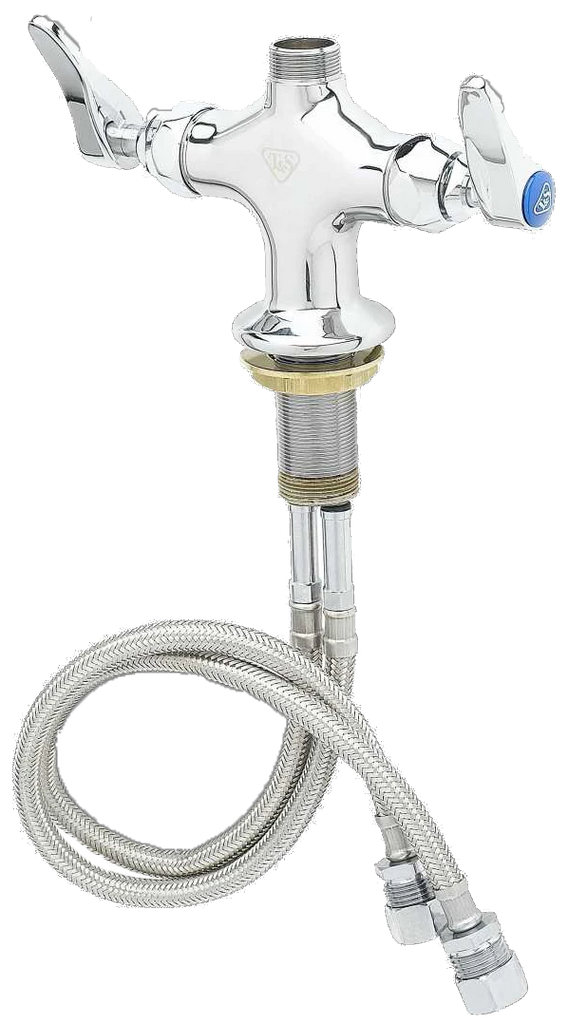 T & S single hole faucet, double pantry swivel/ridgid base, less nozzle, w/SS supply hoses
