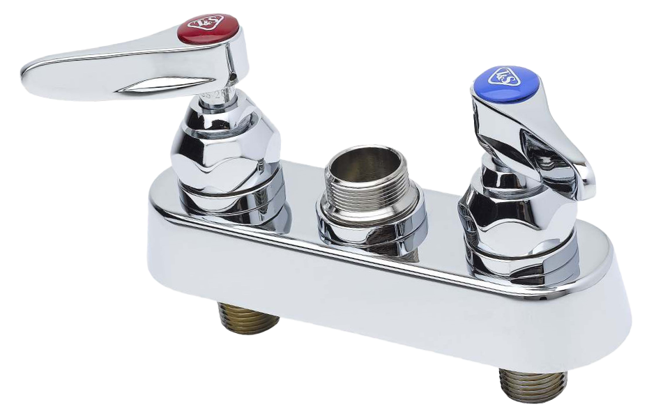 T & S deck mount faucet, 4 center, lever handles, no spout