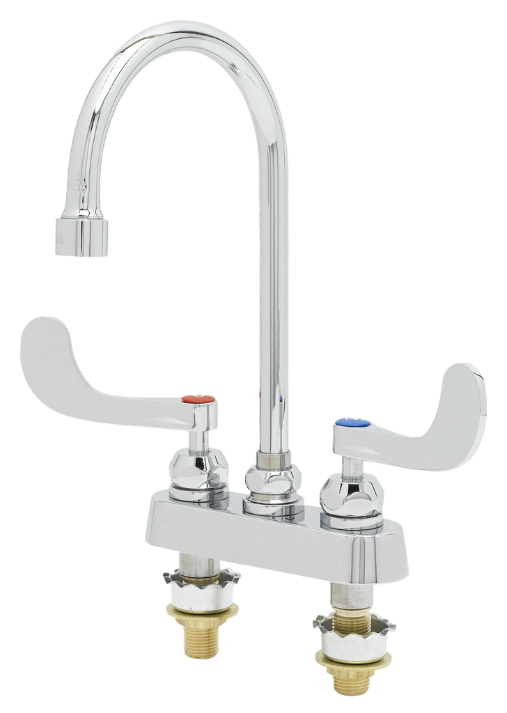 T & S deck mount faucet, 4" cc, wrist blade handles, gooseneck spout, ceramic cartridges