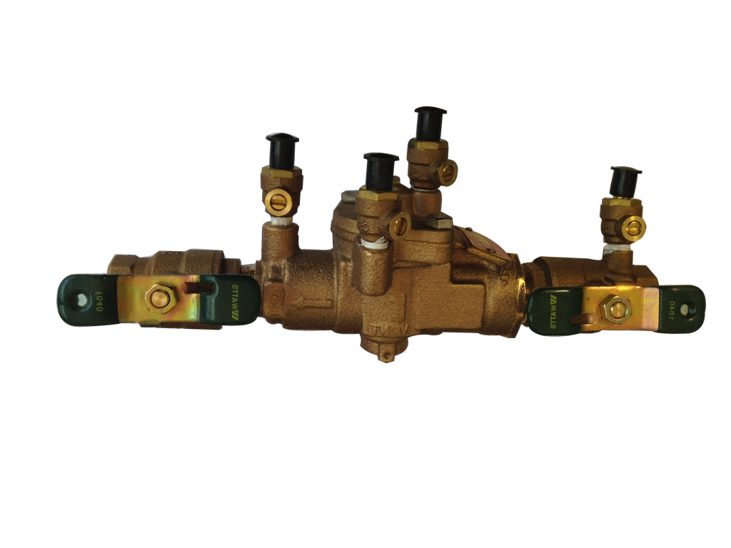 Reduced pressure zone backflow preventer w/flood sensor, 1/4 turn shutoff valve, tee handles, LEAD FREE, 1 (Watts LF009-QT-FS)