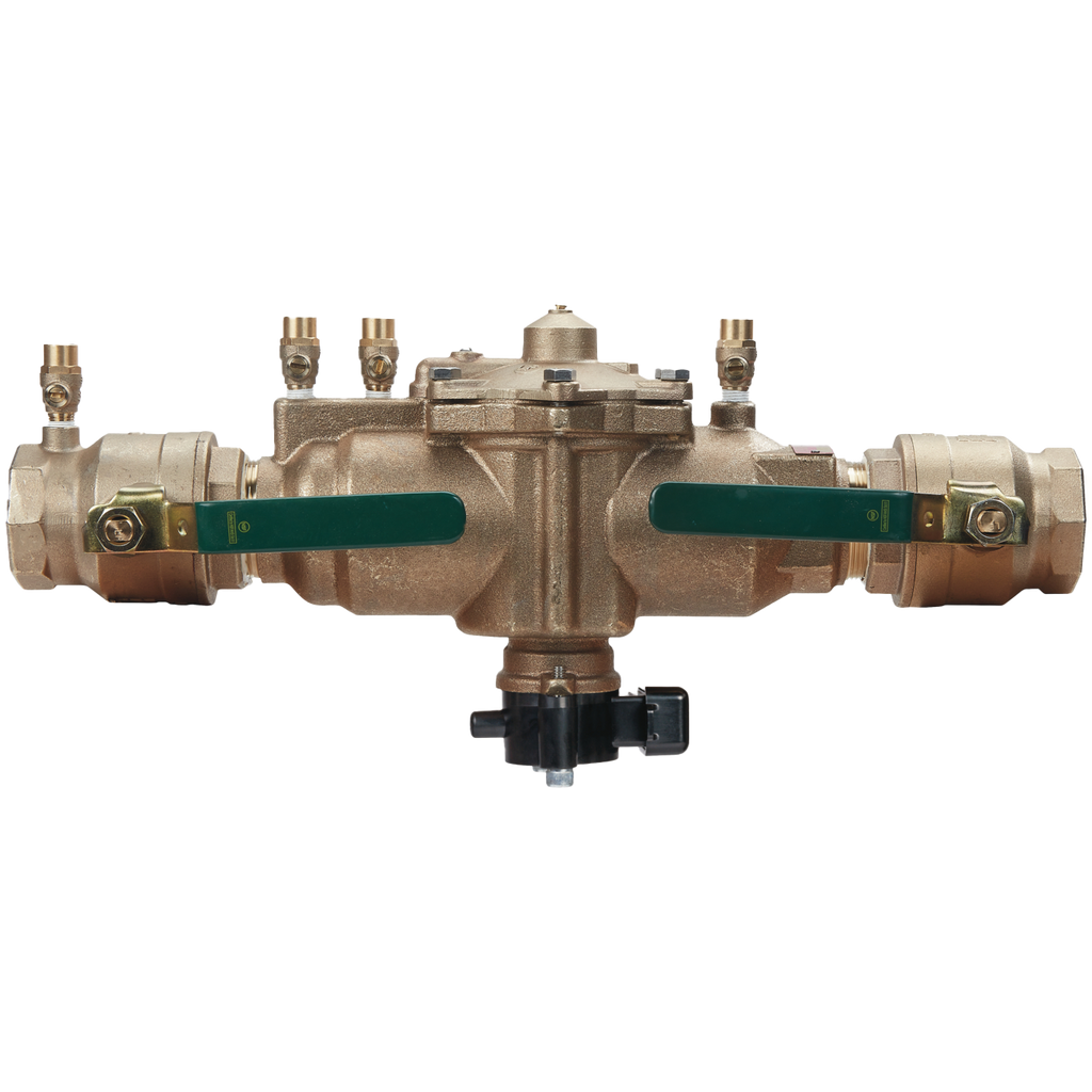 Reduced pressure zone backflow preventer w/flood sensor, 1/4 turn shutoff valve, tee handles, LEAD FREE, 2 (Watts LF009-QT-FS)