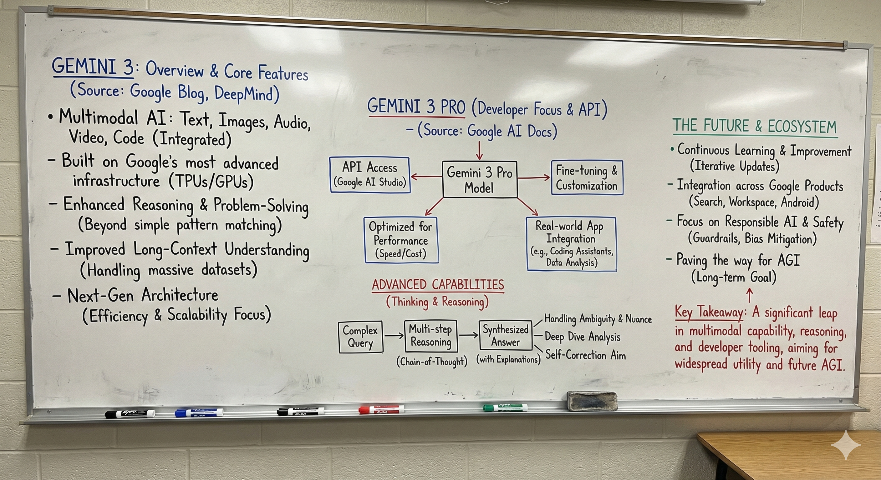 Whiteboard displaying "GEMINI 3" AI features and architecture. Highlights include multimodal AI, advanced reasoning, and future ecosystem plans.