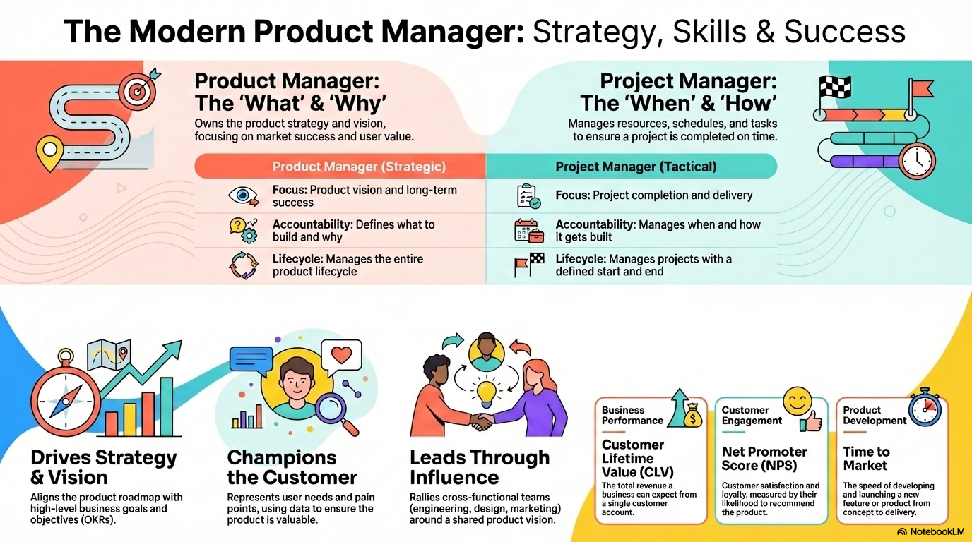 Infographic comparing product and project managers: roles, responsibilities, focus, and strategy. Includes colors and business icons.