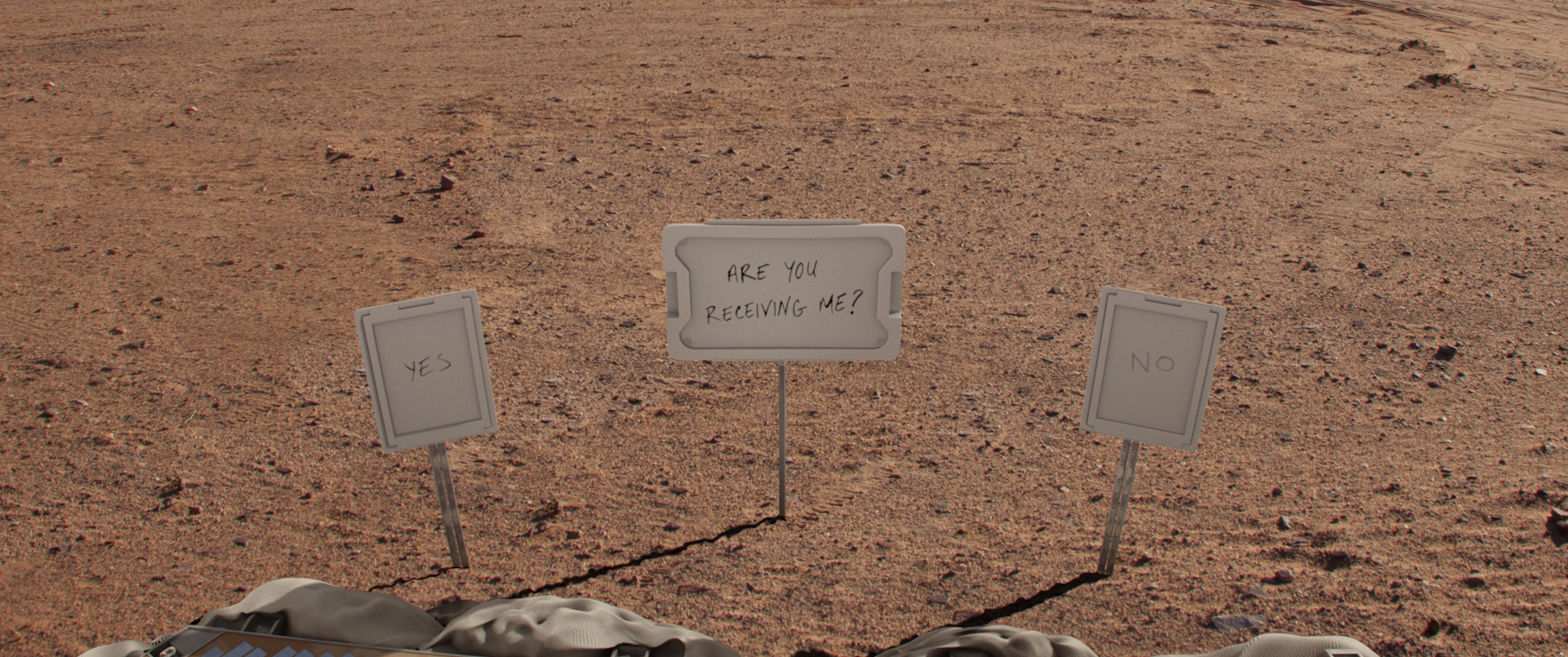 Mark Watney's YES, ARE YOU RECEIVING ME?, and NO signs in the Martian dirt from The Martian