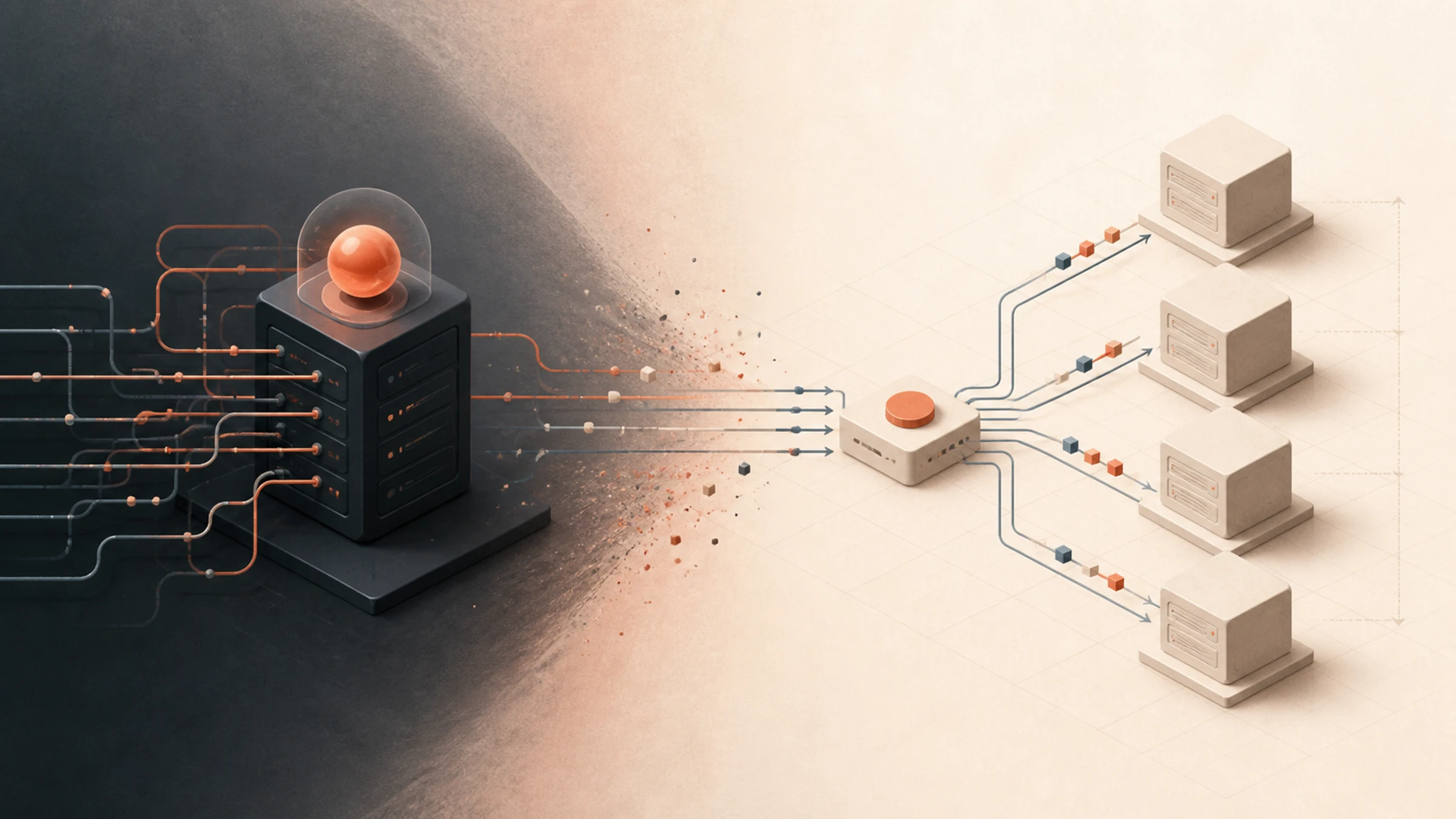 An editorial illustration contrasting a session-bound MCP server with stateless requests distributed across multiple server instances
