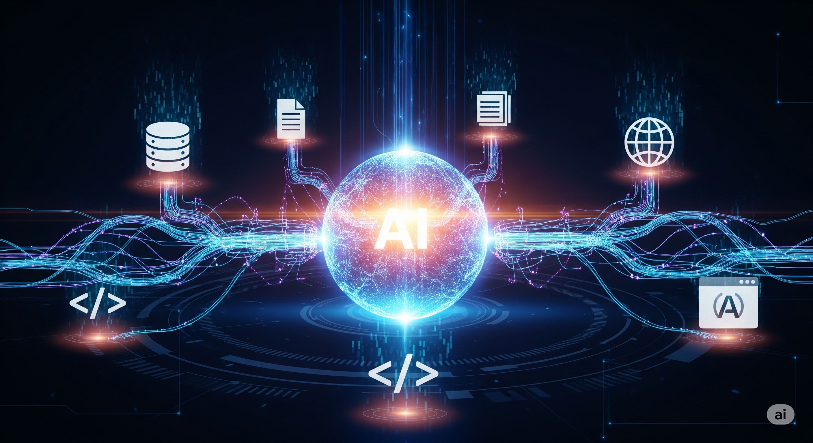A digital art representation of the Model Context Protocol. A central glowing orb with 'AI' inside is connected via luminous data pathways to surrounding icons for databases, documents, code, the internet, and applications, all on a dark, high-tech background.