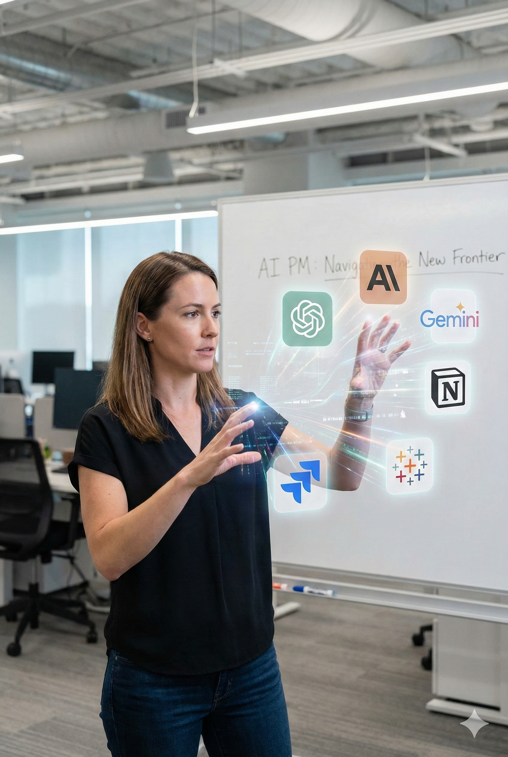 A woman in a modern office is gesturing towards a holographic display of several AI and productivity tool logos floating in front of her, including ChatGPT, Anthropic, Gemini, Notion, Jira, and Tableau. On a whiteboard in the background, the text "AI PM: Navigating the New Frontier" is written.