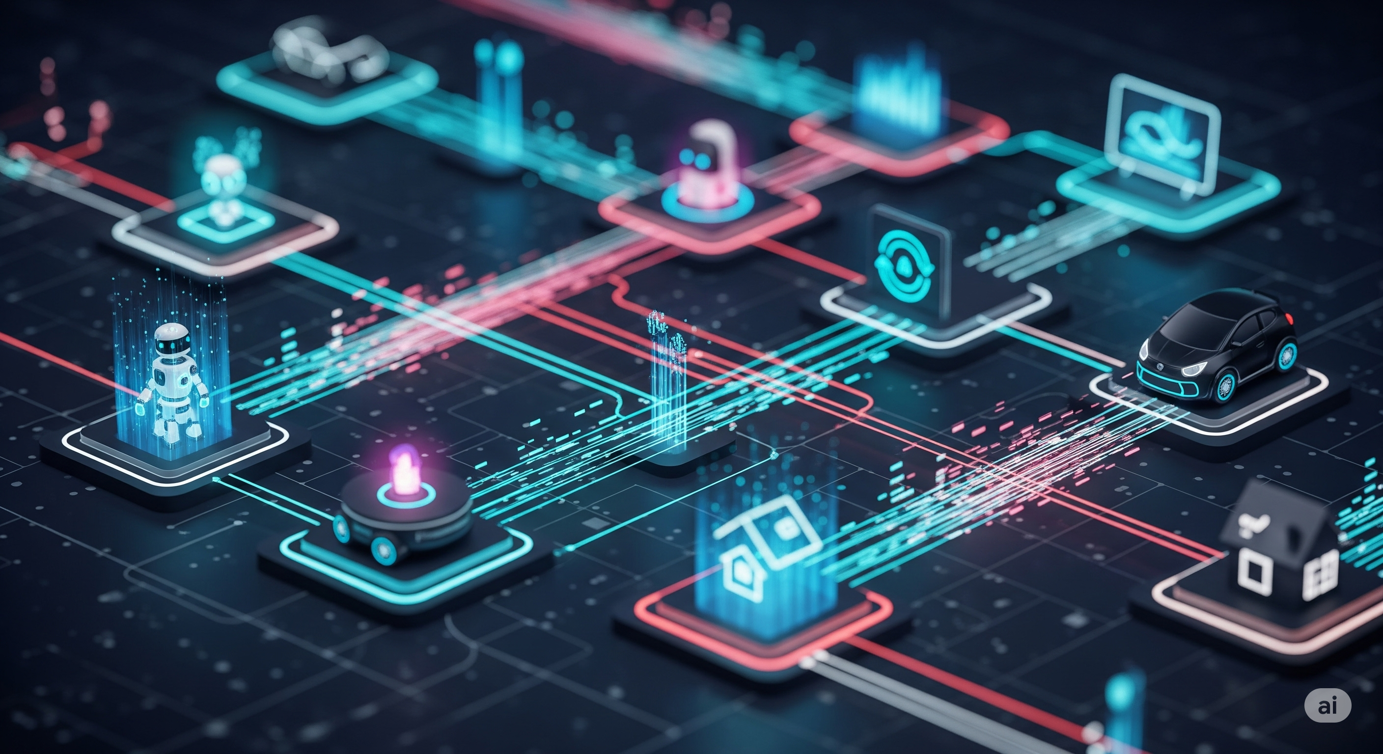 A digital digram showing a AI connecting multiple APIs