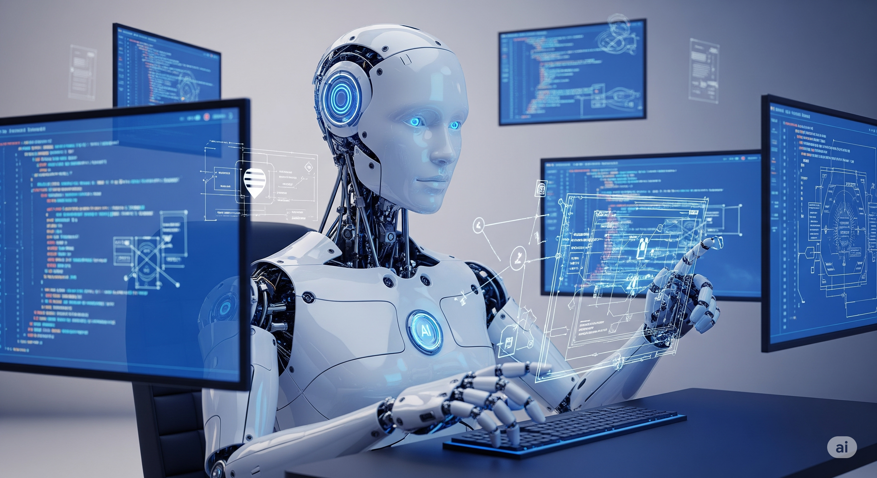 A robot looking at multiple floating screen while writing code.