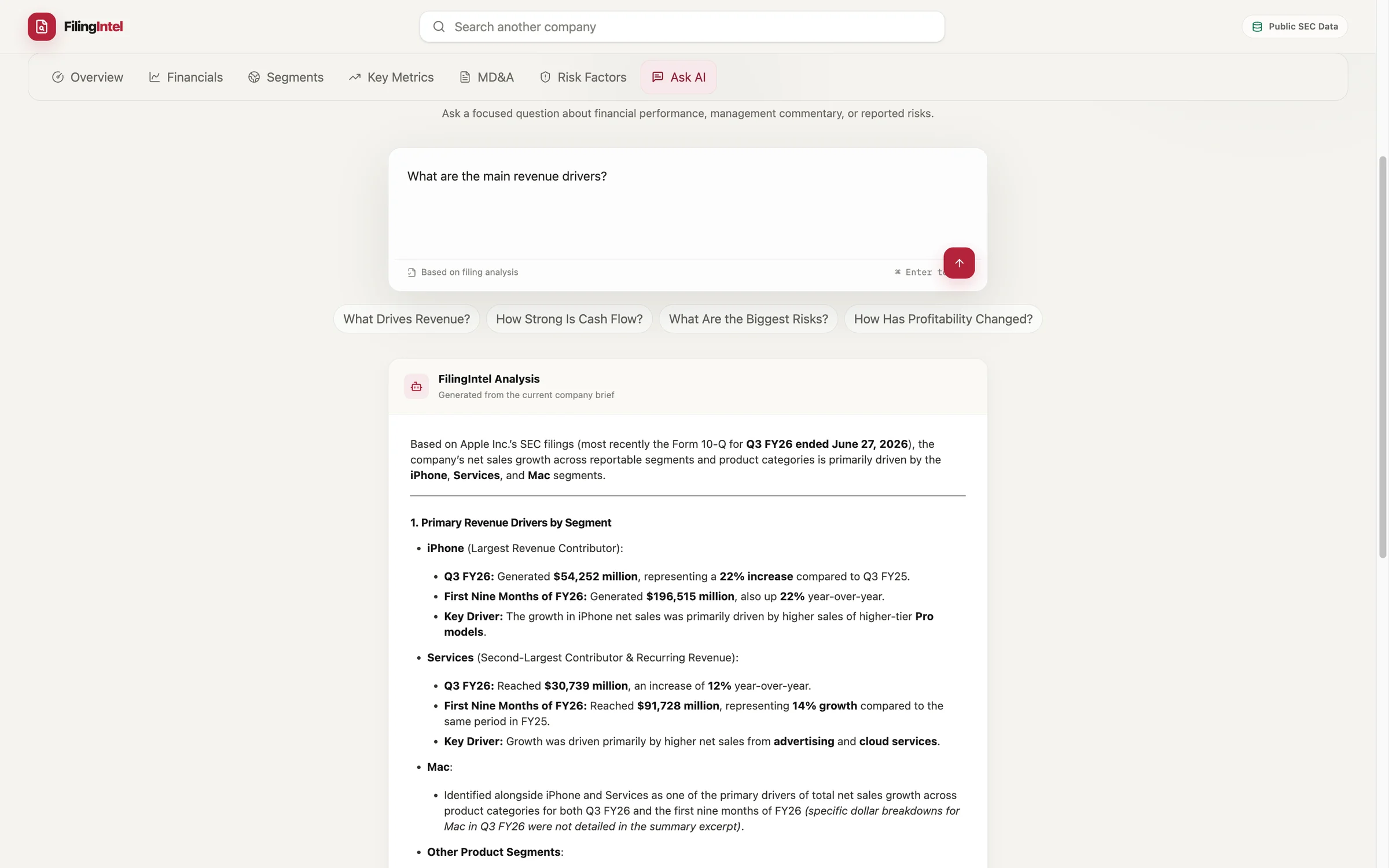 Ask AI answer citing Apple's Q3 FY26 10-Q with segment revenue figures