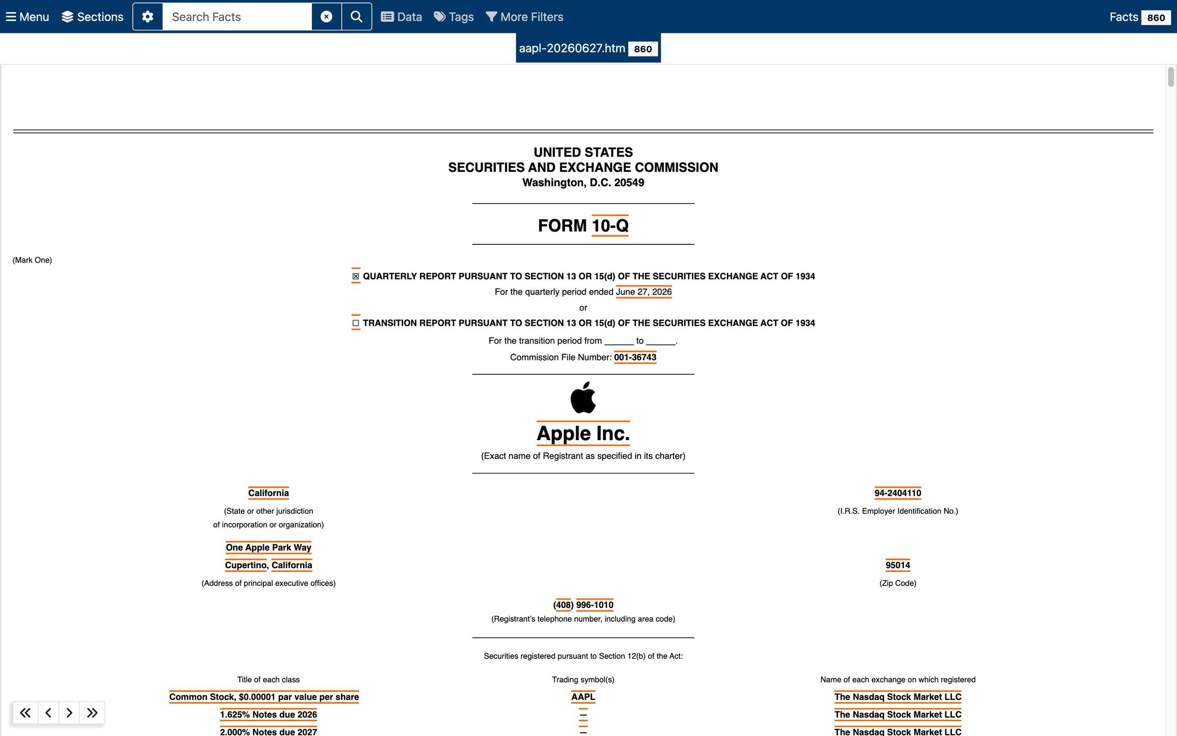 Apple's raw Form 10-Q as filed on SEC EDGAR