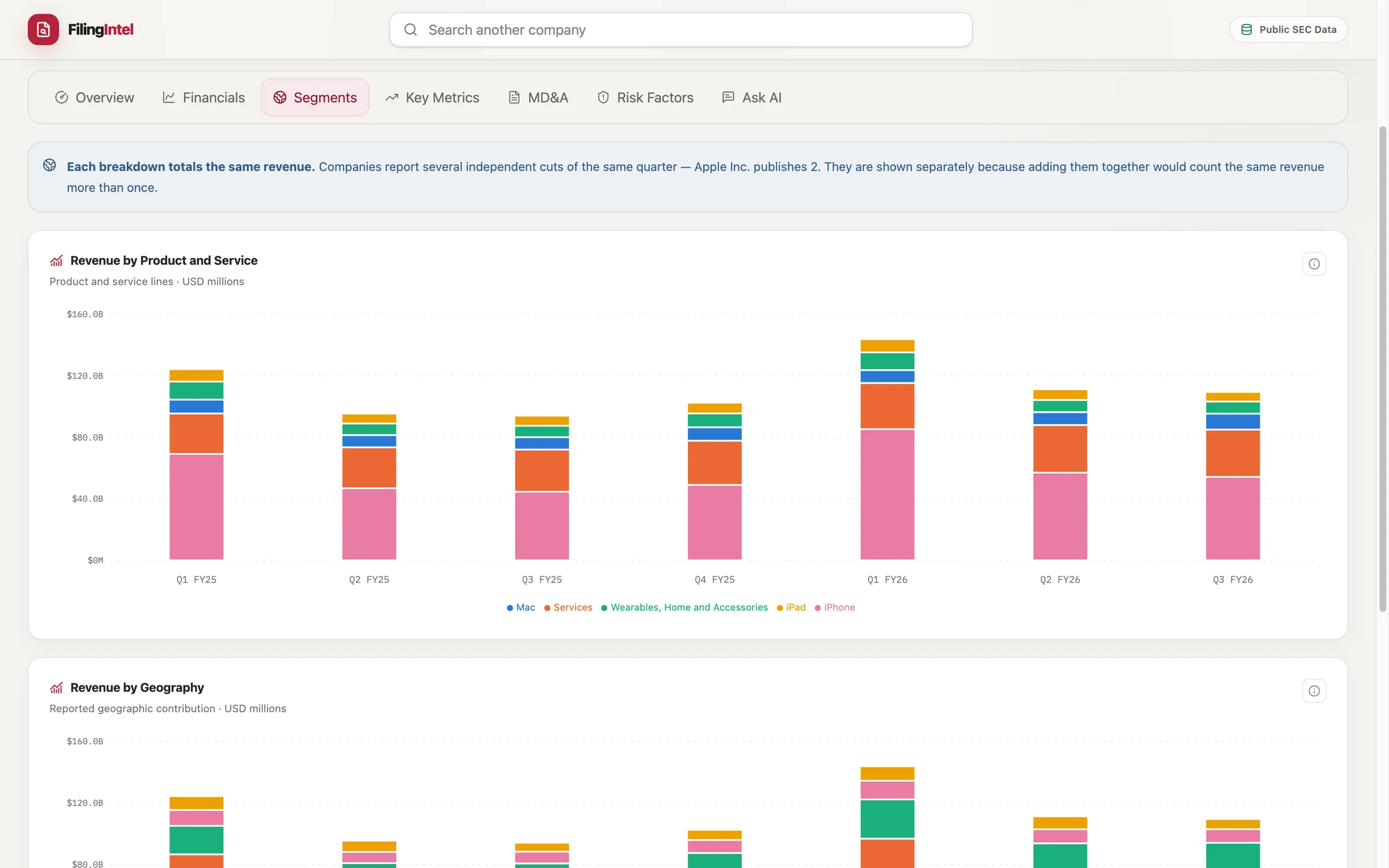 Segments tab with stacked revenue charts by product and geography