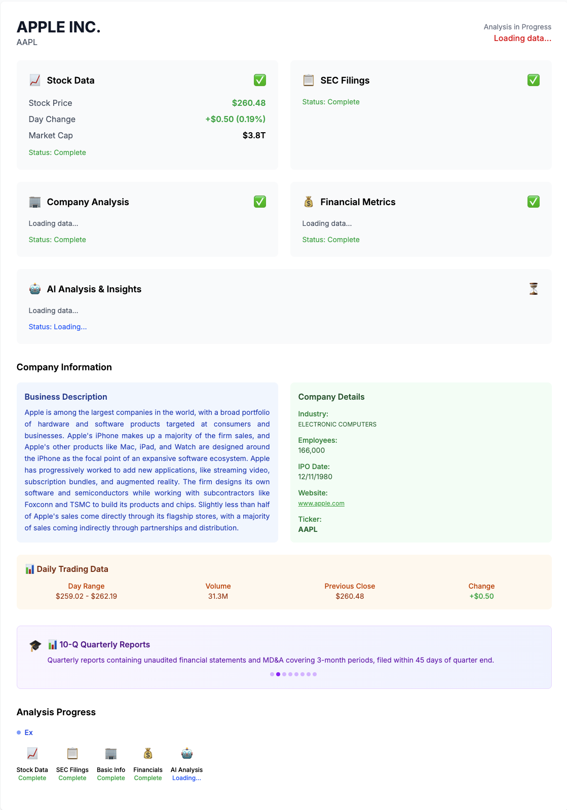 Loading screen showing multi-stage analysis progress