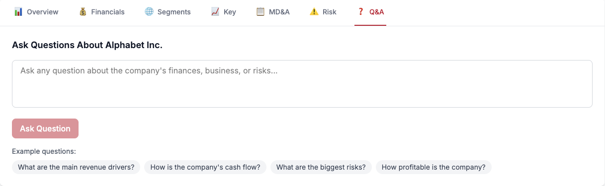 Q&A interface showing sample questions and answers