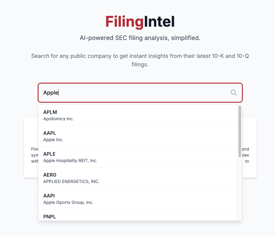 Company search interface showing ticker suggestions