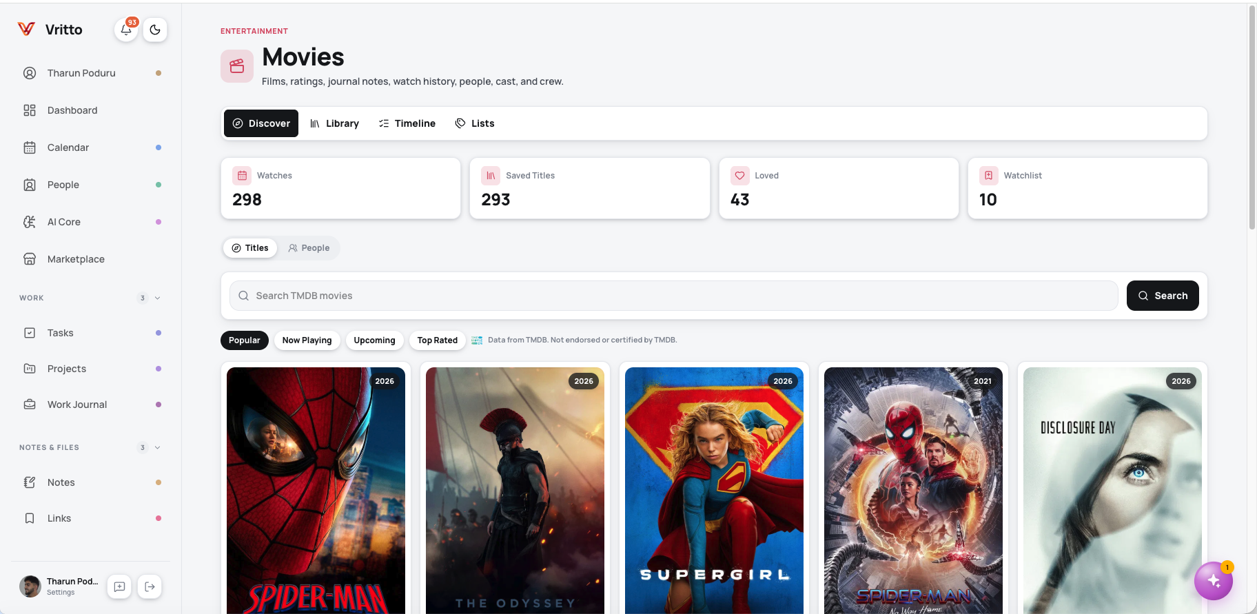 Vritto Movies module with discovery, library, timeline, lists, and viewing statistics