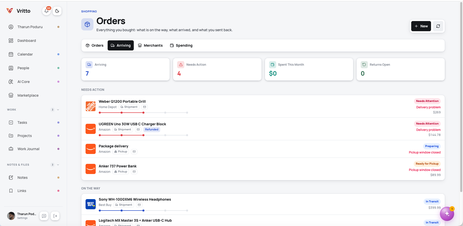Vritto Orders module showing arrivals, delivery issues, pickup states, returns, and spending