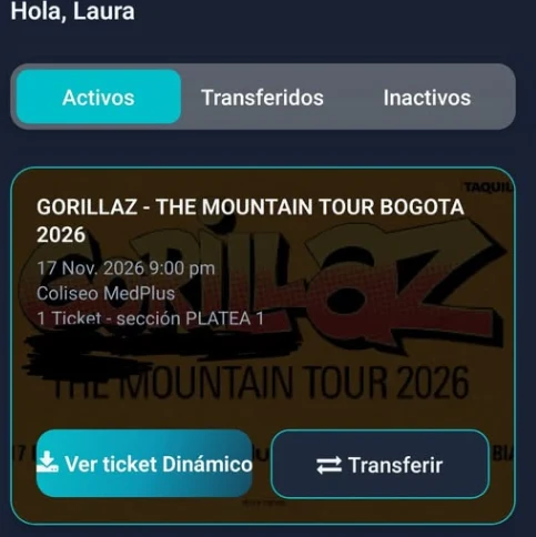 Entrada Gorillaz Bogotá — Platea 1 — 17 de noviembre