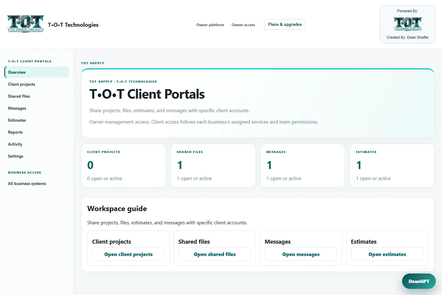 T•O•T Client Portal example interface
