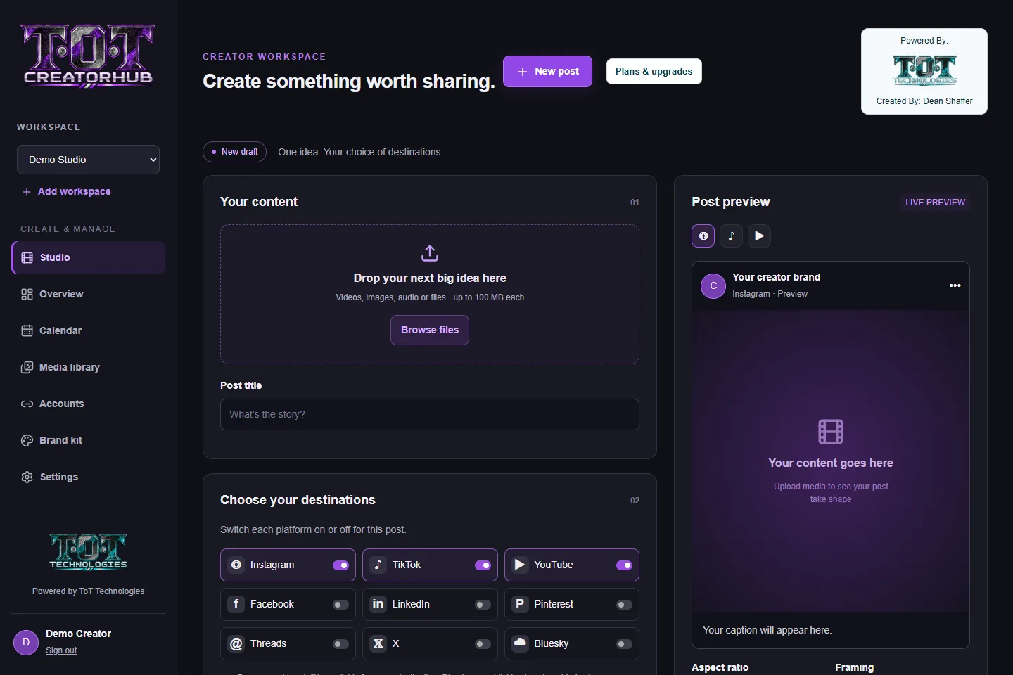 T•O•T CreatorHub example interface