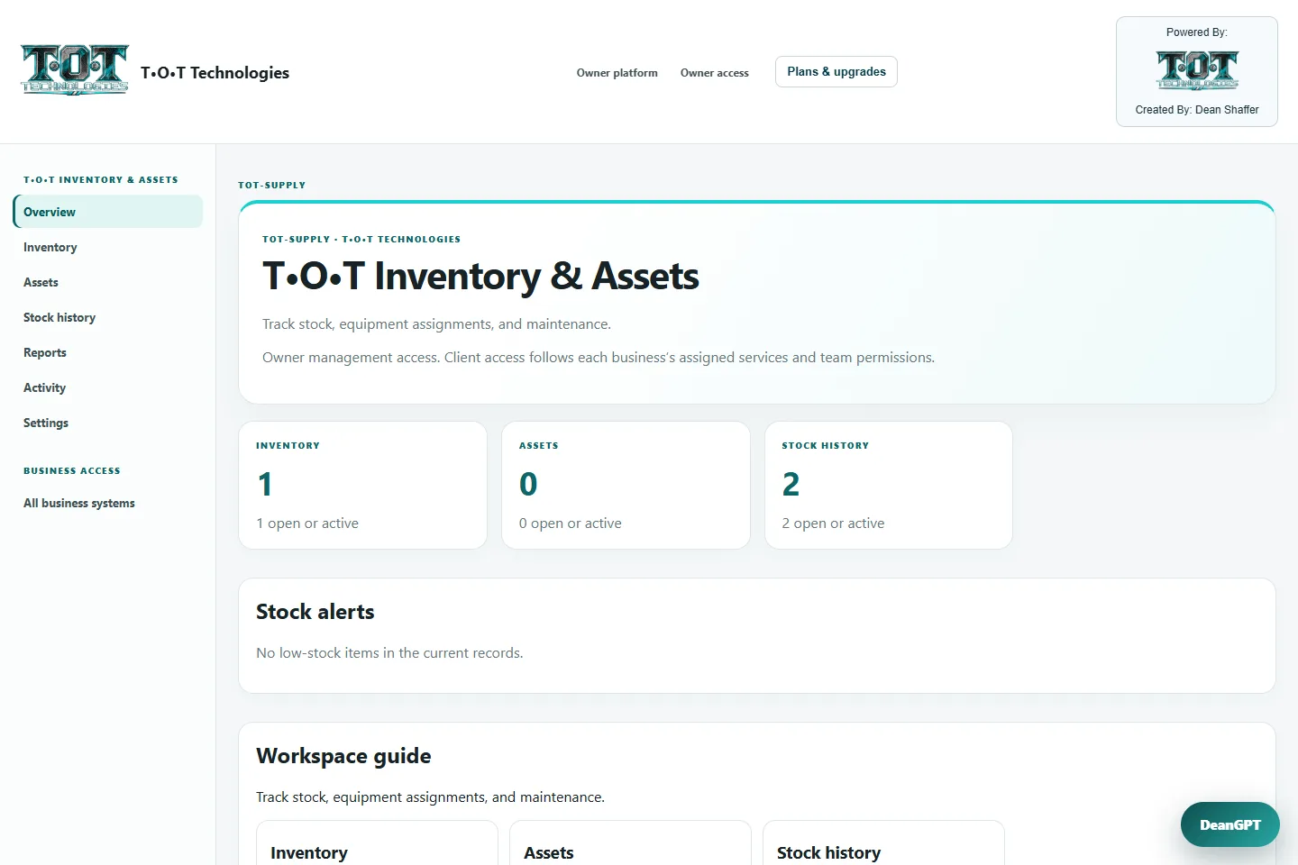 T•O•T Inventory & Assets example interface