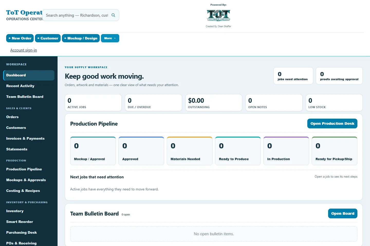 T•O•T Business Ops Center example interface