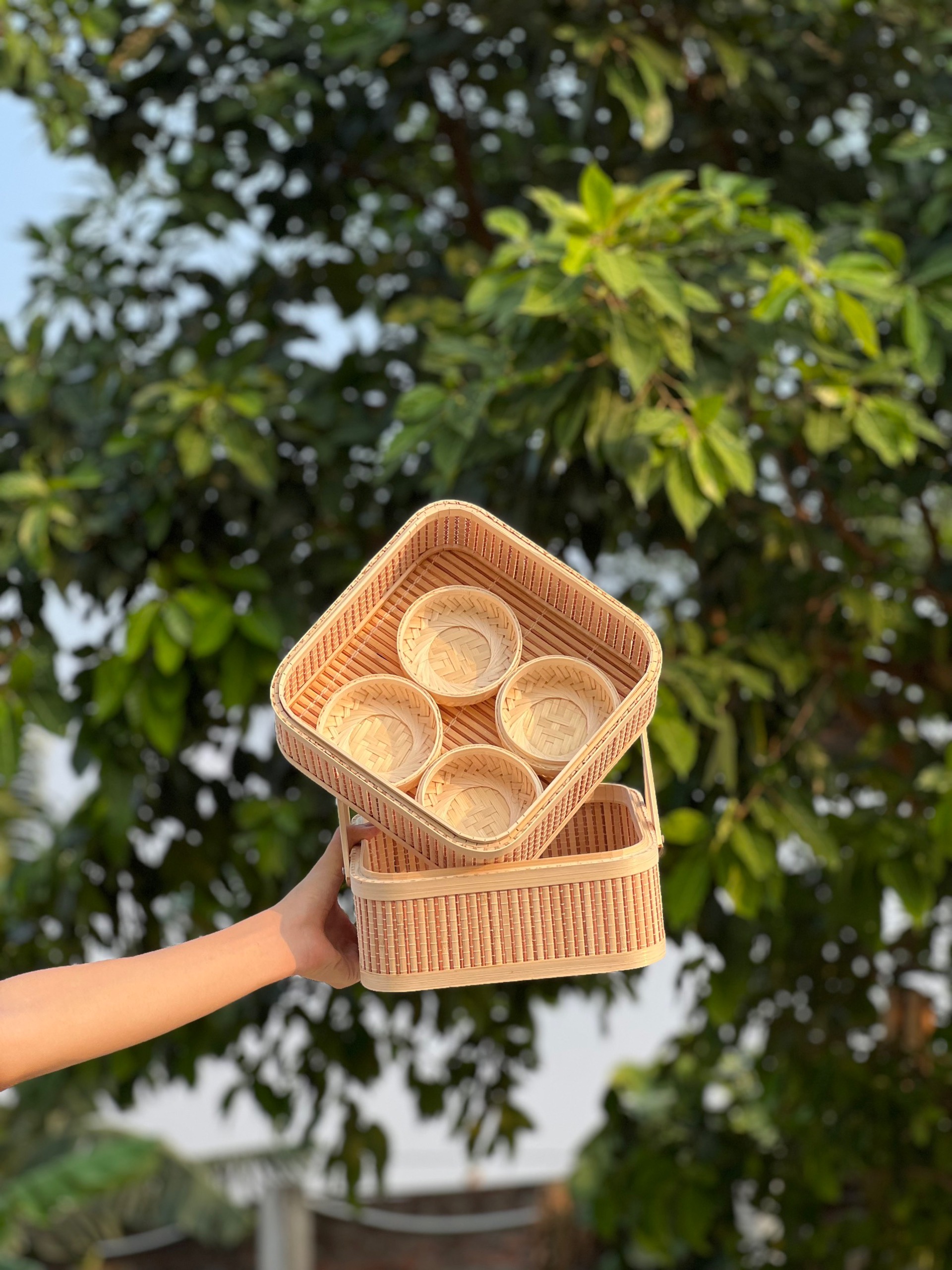 Square Bamboo Gift Basket – Double-Layered