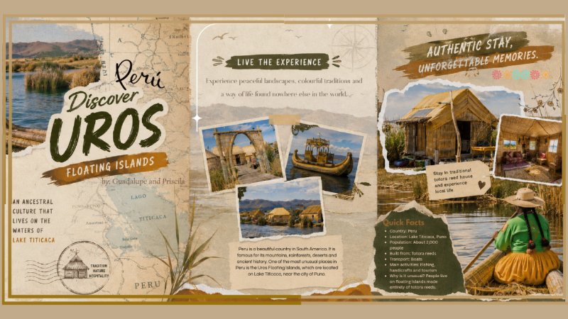 Peru is a beautiful country in South America. It is famous for its mountains, rainforests, deserts and ancient history. One of the most unusual places in Peru is the Uros Floating Islands, which a (2) — page 1