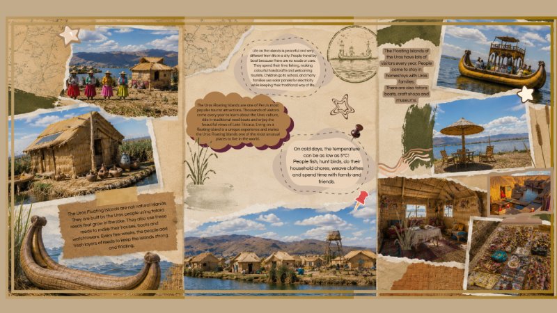 Peru is a beautiful country in South America. It is famous for its mountains, rainforests, deserts and ancient history. One of the most unusual places in Peru is the Uros Floating Islands, which a (2) — page 2
