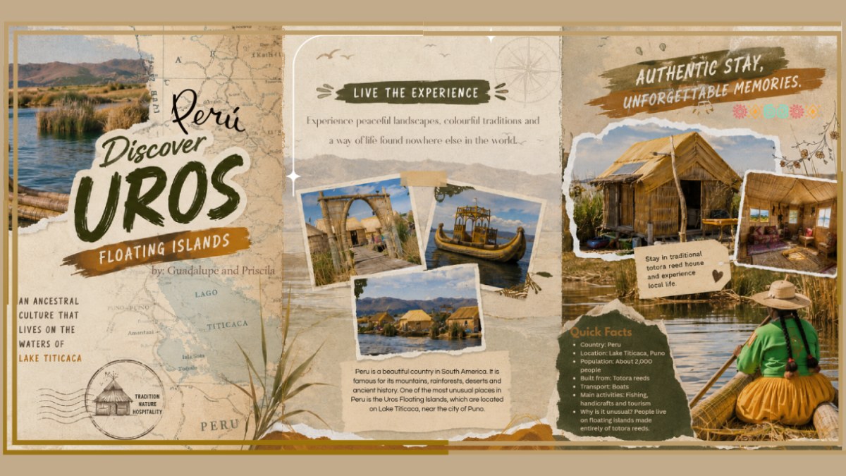 Peru is a beautiful country in South America. It is famous for its mountains, rainforests, deserts and ancient history. One of the most unusual places in Peru is the Uros Floating Islands, which a (2)