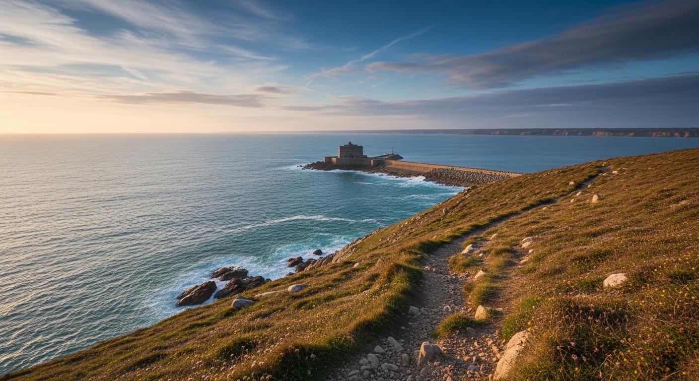 La Pointe du Raz et la côte de Cornouaille GR: hikers and trail scenery