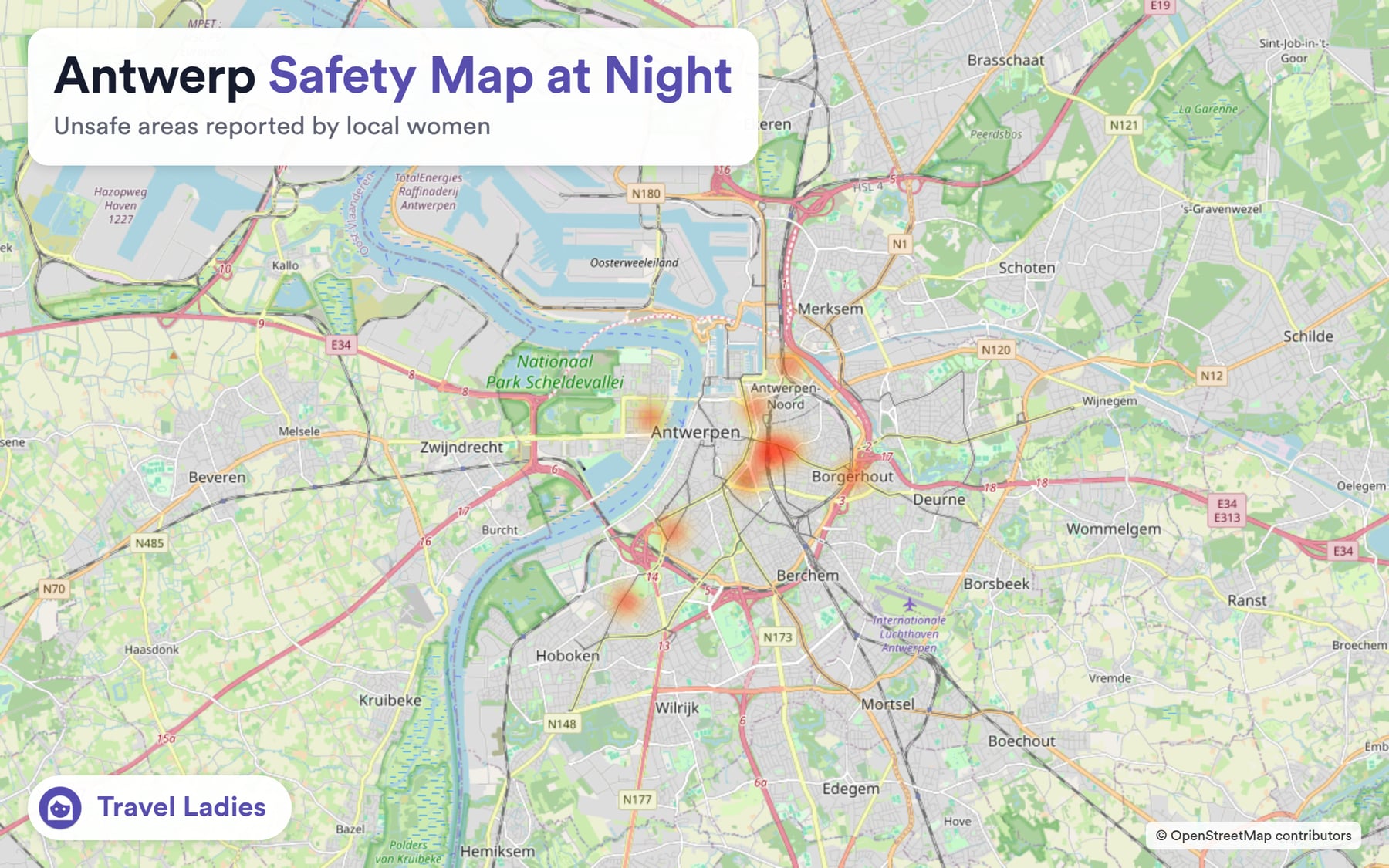 Antwerp safety map at night: unsafe areas reported by local women