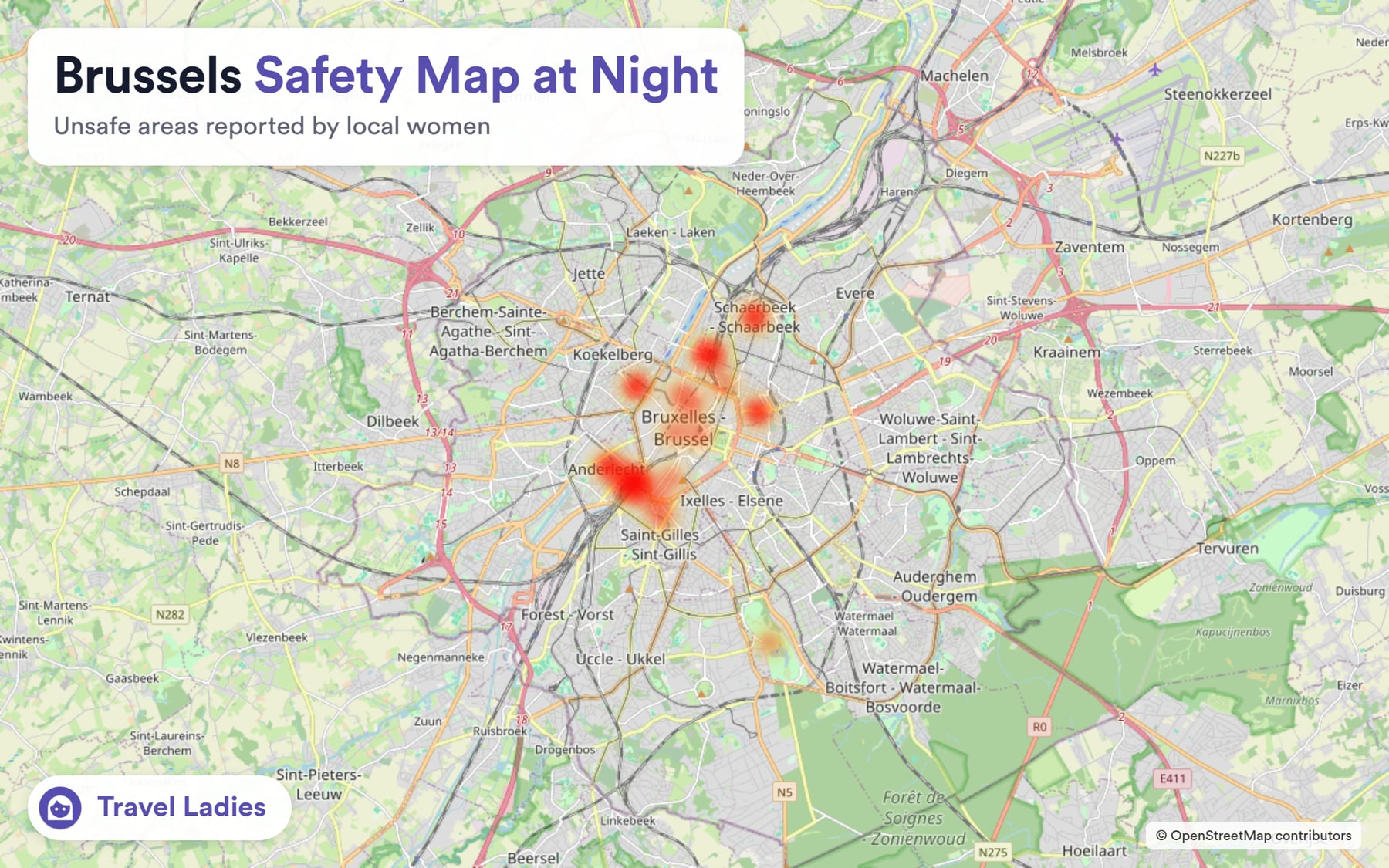 Brussels safety map at night: unsafe areas reported by local women
