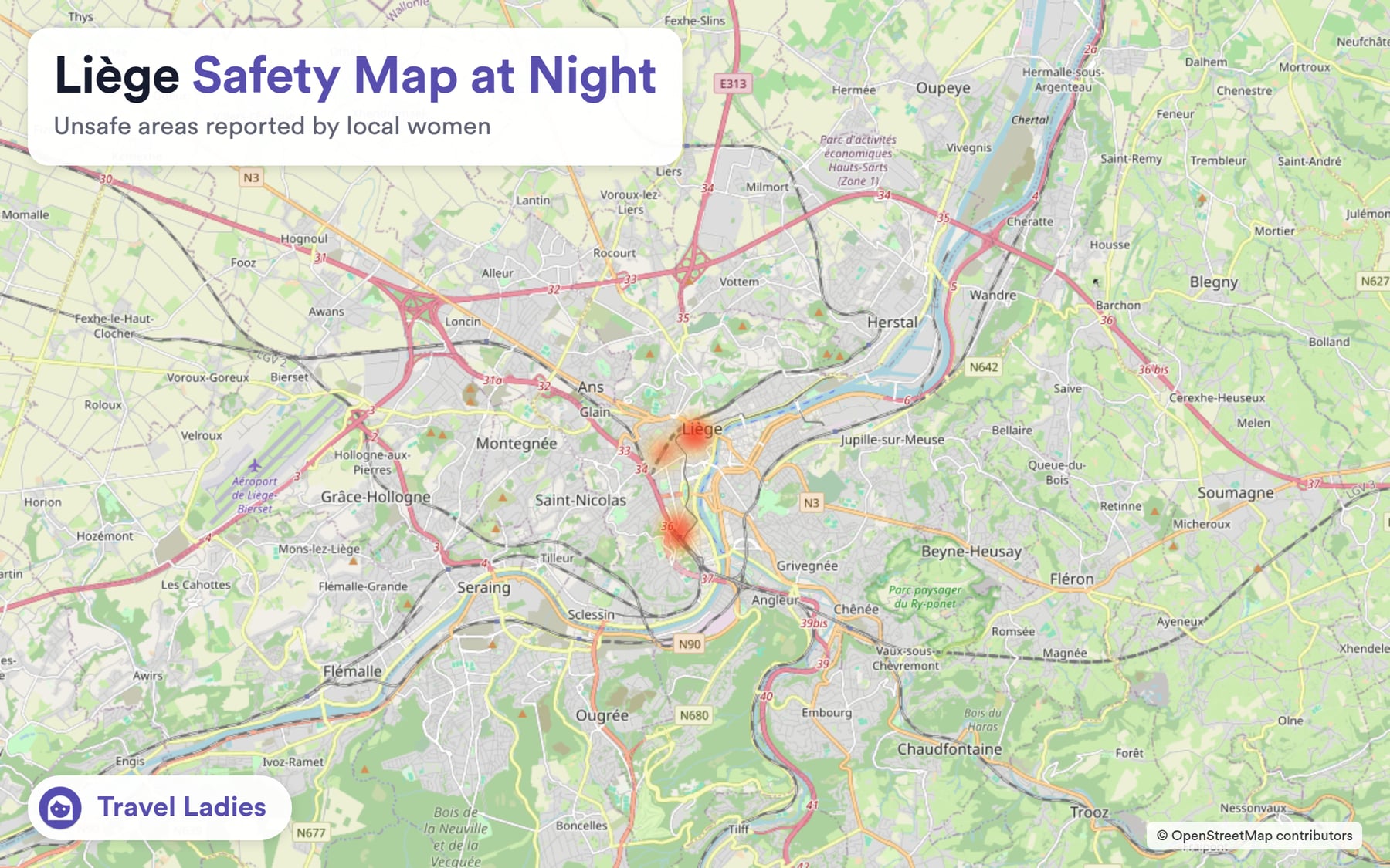 Liège safety map at night: unsafe areas reported by local women