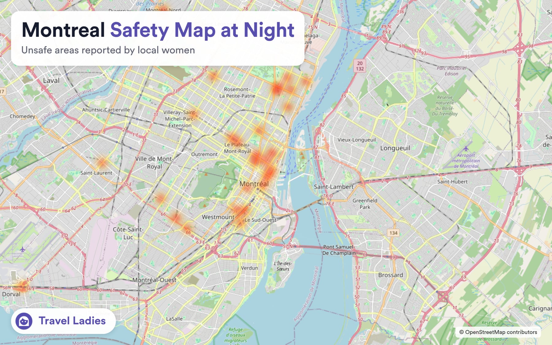 Montreal safety map at night: unsafe areas reported by local women
