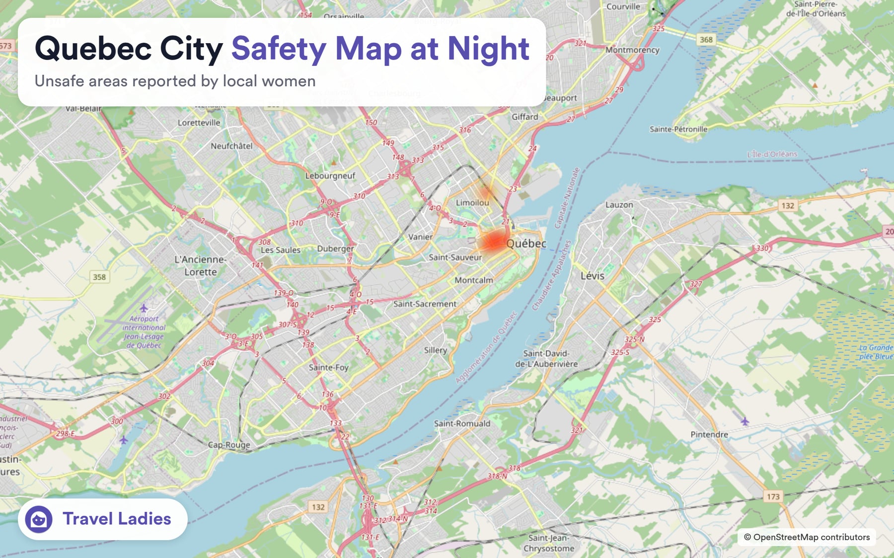 Quebec City safety map at night: unsafe areas reported by local women